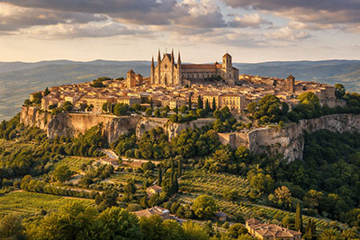 Wide panoramic view of Orvieto, Italy, perched on a hilltop overlooking the Umbrian countryside